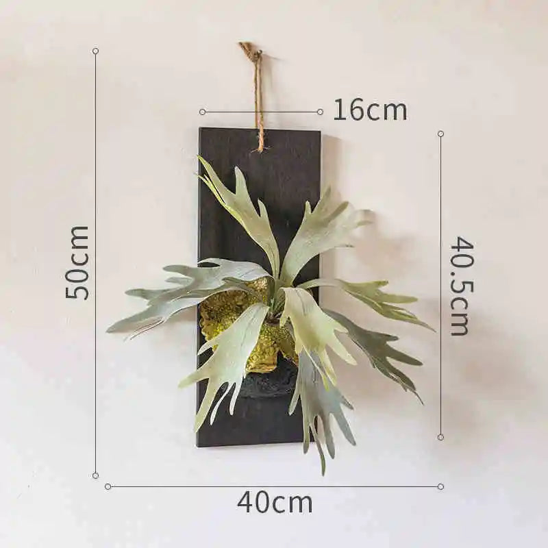 Artificial Tropical Plant Wall Hanging Decoration Antler Fern Green Plant Landscape Display Furnishings Home Decor, Wooden Frame