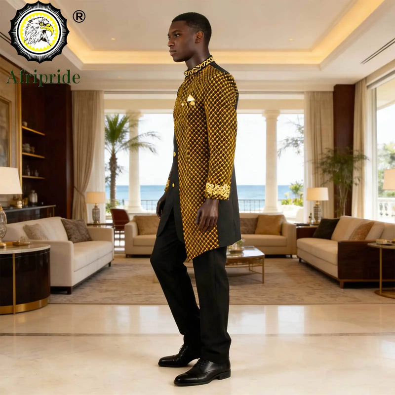 African Suits for Men Embroidery Print Blazer and Pants Set Business Dress with Kerchief Party Wedding - View 3 | SAMAG