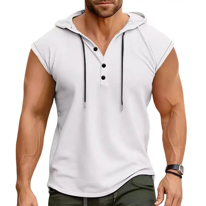 Men Vest Hooded Drawstring Sleeveless Tops Solid Color T-Shirt with Wide Shoulder Straps Button Adjustment Sports Vest