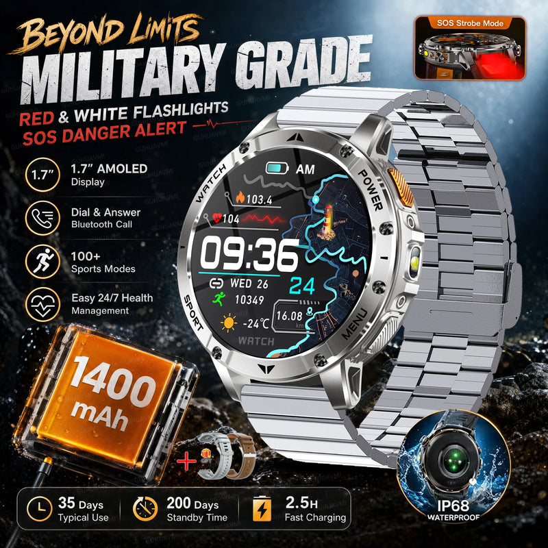 2026 New Military TANK 1400mAh Battery Smart Watch IP68 Waterproof LED Flashlight Heart Rate Sports tracker SOS Smart Watch Men