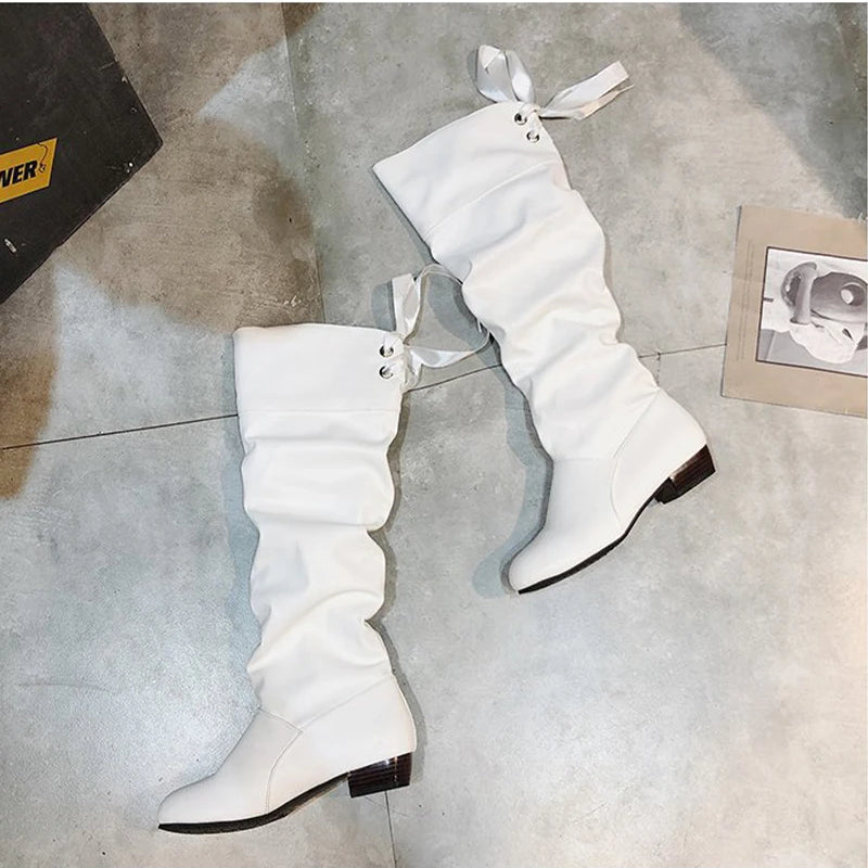 Shoes For Women  Knee High Boots Red Black White Tall Boots Woman Pleated Low Heel Casual Leather Female Long Shoes 2024