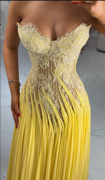 Luxury Lace Chiffon Strapless Evening Dress Beaded A - Line | SAMAG