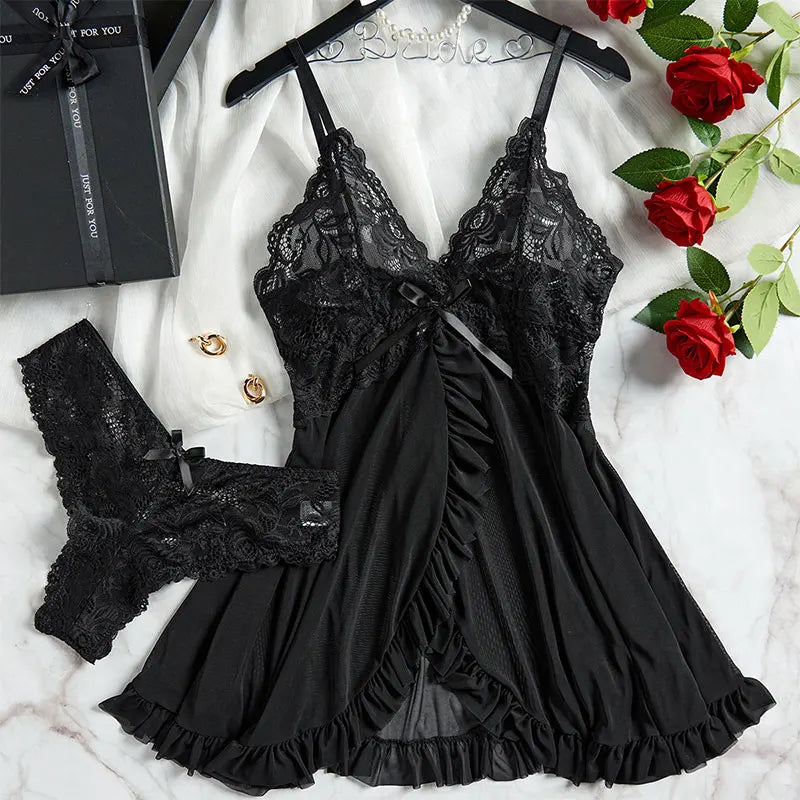 Lace G-string Set Women Lingerie Pajama Kit Transparent Crotchless Dress Mini Underpants Nightwear Set Big Size Female Underwear