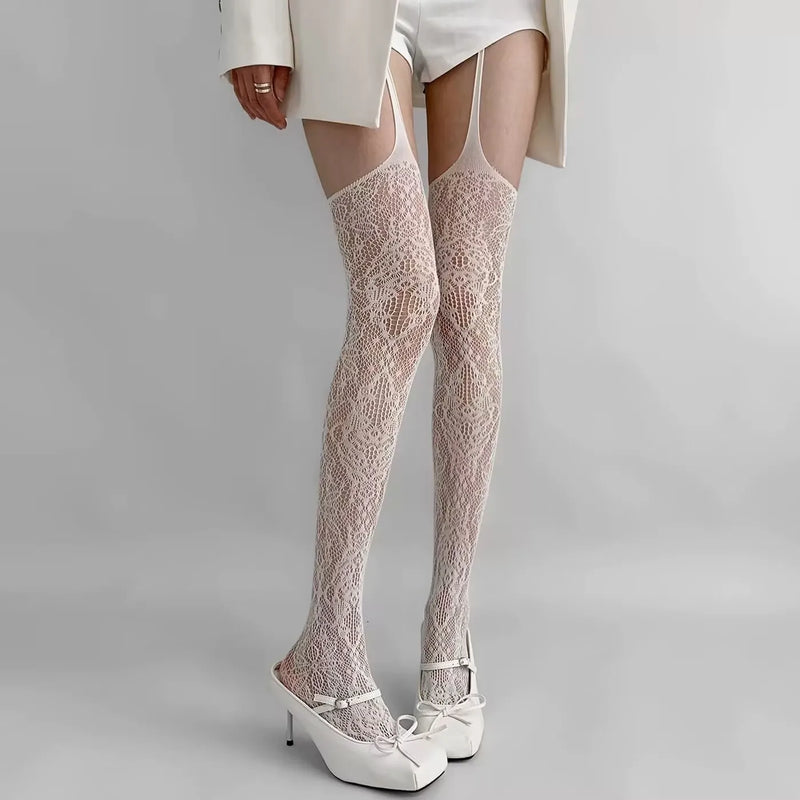 2025 New Sexy Lace Garter Belt Stocking Floral Pattern Thigh Highs Y2K Over Knee Sock Mesh Pantyhose for Women Lingerie Leggings