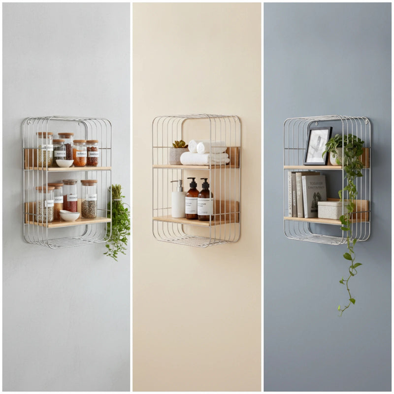 Wall - Mounted Storage Rack Two - Tier Shelf with Wooden Boards Open Stainless Steel Furniture Metal Frame - View 4 | SAMAG