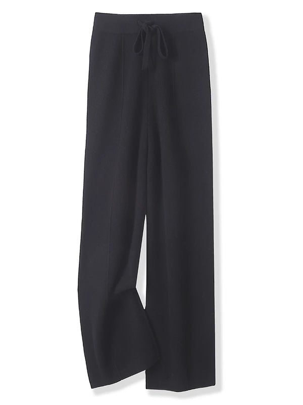 100% Merino Wool Pants Women Autumn Winter Casual Wide Leg Trousers Middle Seam Style Knitted Cashmere Soft Lace-up Trendy Pants