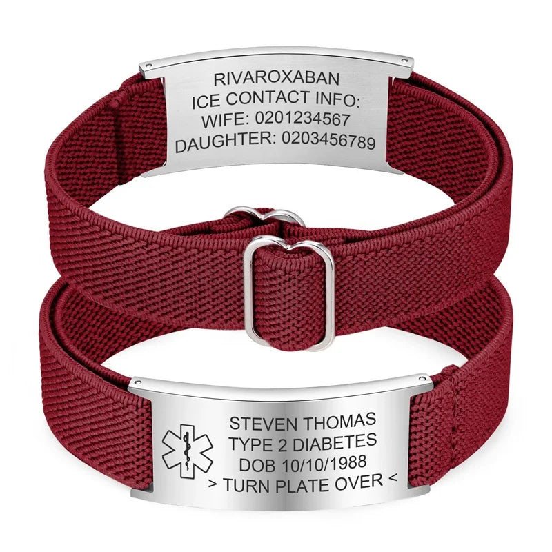 Personalized Medical Alert Bracelet for Men Customized Elastic Strap Stainless Steel ID Engraved Medic - Visuel 19 | SAMAG