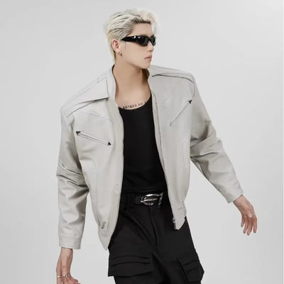American Fashion Stand Collar Zipper Leather Jacket | SAMAG