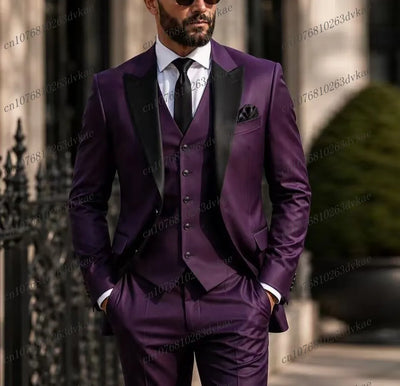 Black Collar Purple Men Suit Business Prom Wedding Party Formal Groom Groomsman Male Tuxedos 3 Piece Set Jacket Vest | SAMAG