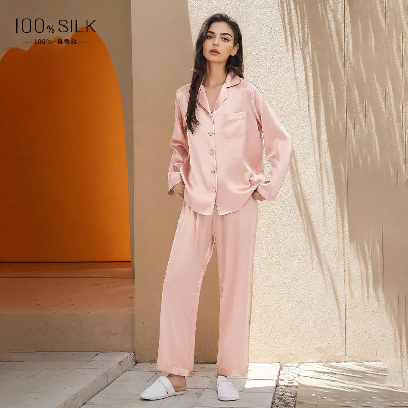 2025 Summer New 100% Mulberry Silk Long-Sleeve Long Pants 2PCS Sets Women's Pajama Set European  American Style Loungewear