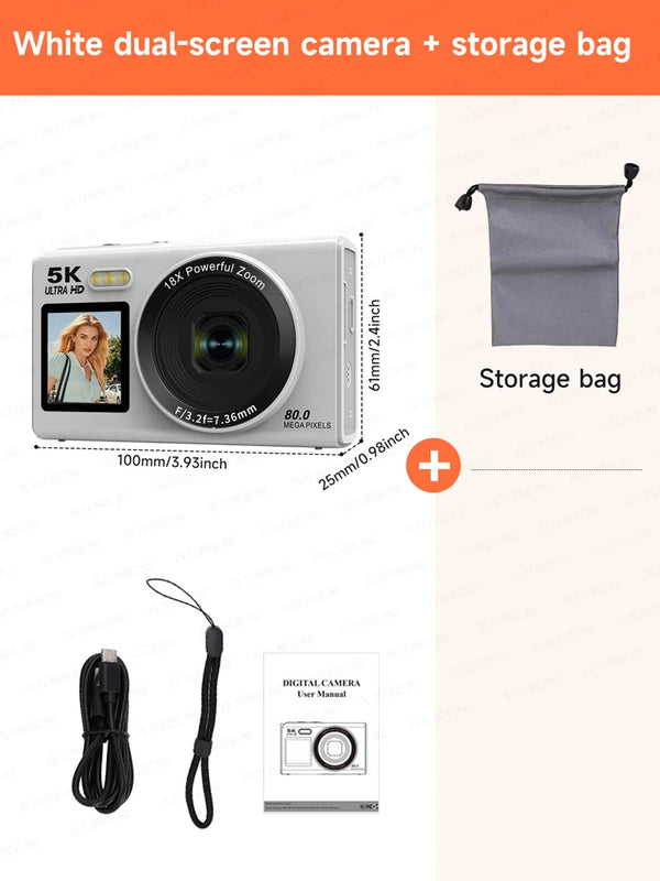 5K Digital Camera 8000W Pixel Retro CCD Dual Screen Photographic Cameras 80MP Vlog Cam with Auto Focus Smile Detection 18x Zoom