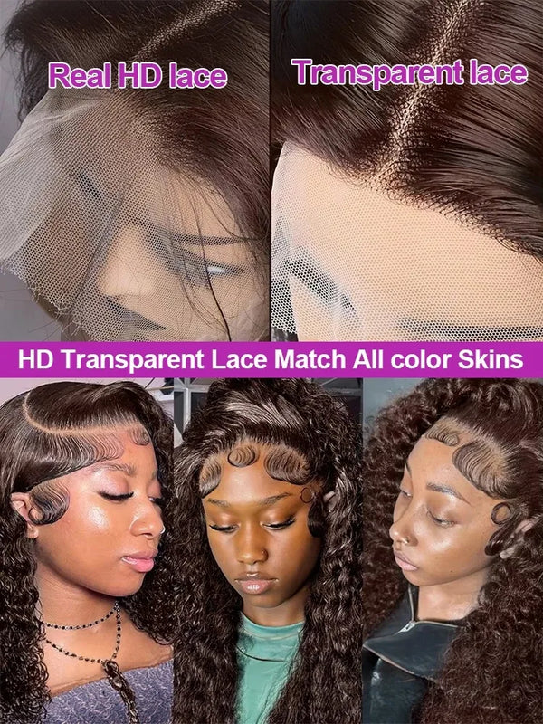 Chocolate Brown Deep Wave Frontal Wig Colored #4 Deep Curly Lace Front Human Hair Wigs Remy 13x4 HD Lace Frontal Wigs For Women