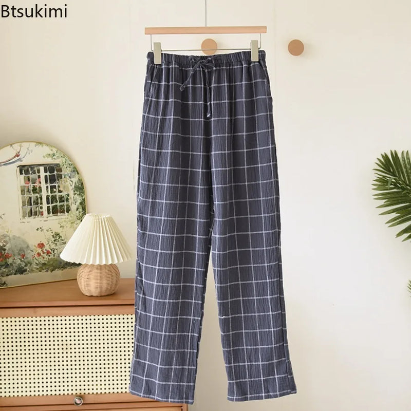 New 2026 Summer Men's Sleeper Pants 100% Cotton Crepe Pants Loose Thin Large Home Casual Checkered Home Pants Bottoms for Men