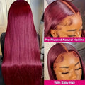 99J Burgundy Pre Colored Straight Lace Frontal Wigs For Women Pre Plucked Invisible Pre Cut Lace Brazilian Hair 13X6 Hd Transparent Lace Front Human Hair Wigs