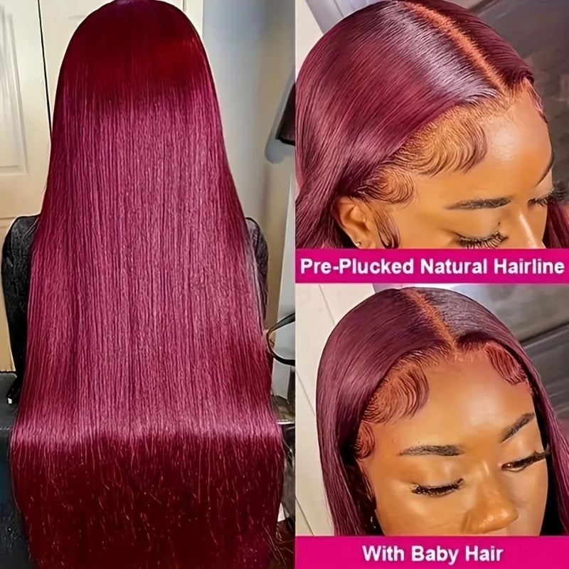 99J Burgundy Pre Colored Straight Lace Frontal Wigs For Women Pre Plucked Invisible Pre Cut Lace Brazilian Hair 13X6 Hd Transparent Lace Front Human Hair Wigs
