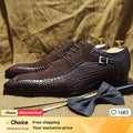 Luxury Men's Oxford Shoes Split Toe Lace-Up Dress Shoes in Black/Brown Suede with Patchwork Crocodile Print Leather Design