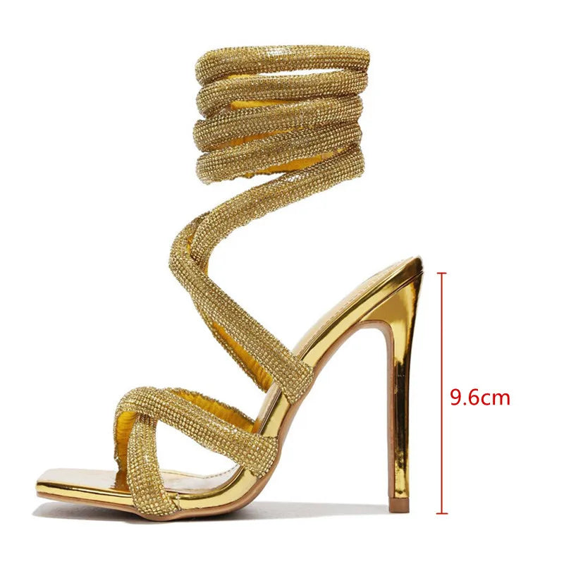 Luxury Rhinestones Women Sandals Sexy Ankle Strap Cross-tied Thin High Heeled Gladiator Sandals Fashion Summer Party Prom Shoes