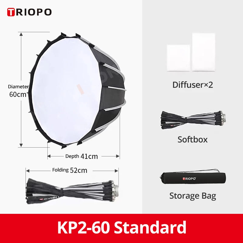 TRIOPO KP2 Parabolic Softbox 60/70/90/120cm Bowens Mount for Sokani X100 COLBOR Godox Aputure LED Video Light vs Godox QR-P