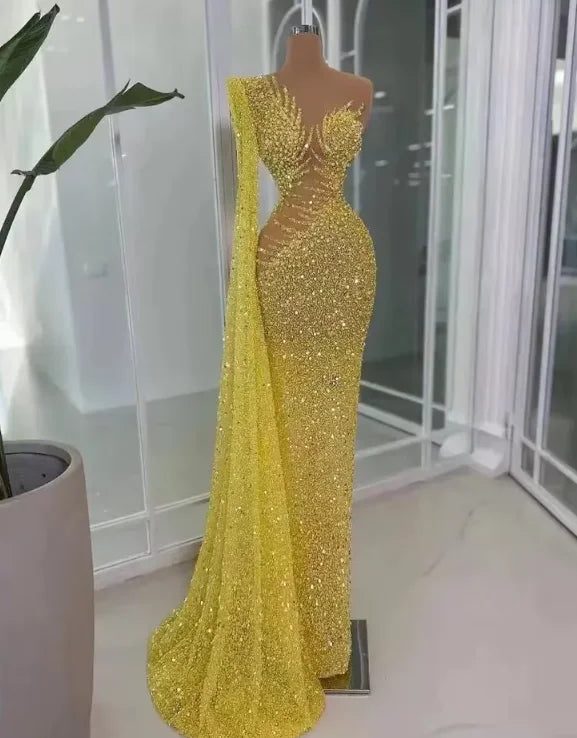 Yellow Long Dubai Evening Dresses Luxury Mermaid Beaded | SAMAG