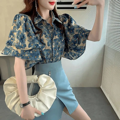 Blue Loose ort Sve Women's irt Floral Trim Design Sweet | SAMAG