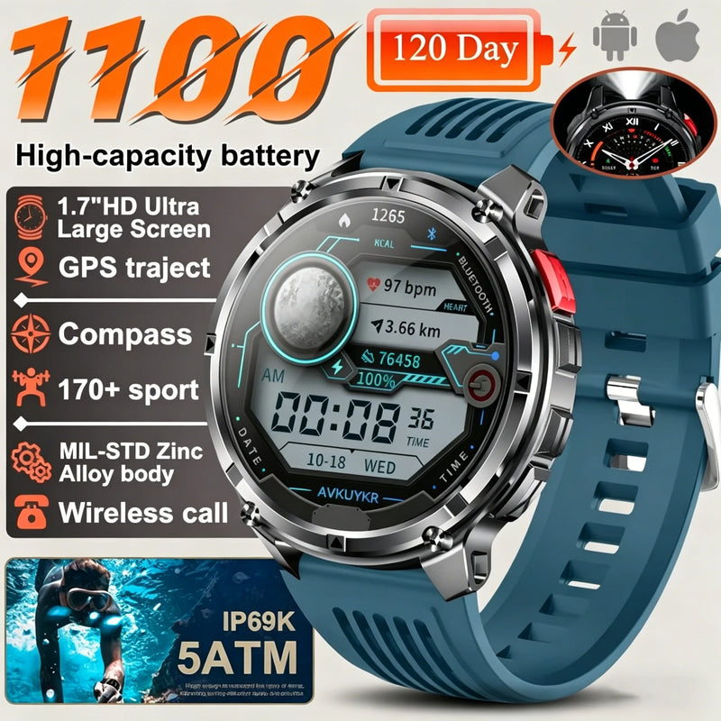 New T-REX3 Ultra 1100mAh Battery SmartWatch 10ATM Waterproof GPS Compass Flashlight 1.7" AMOLED HD Call Sports Smart Watch Men