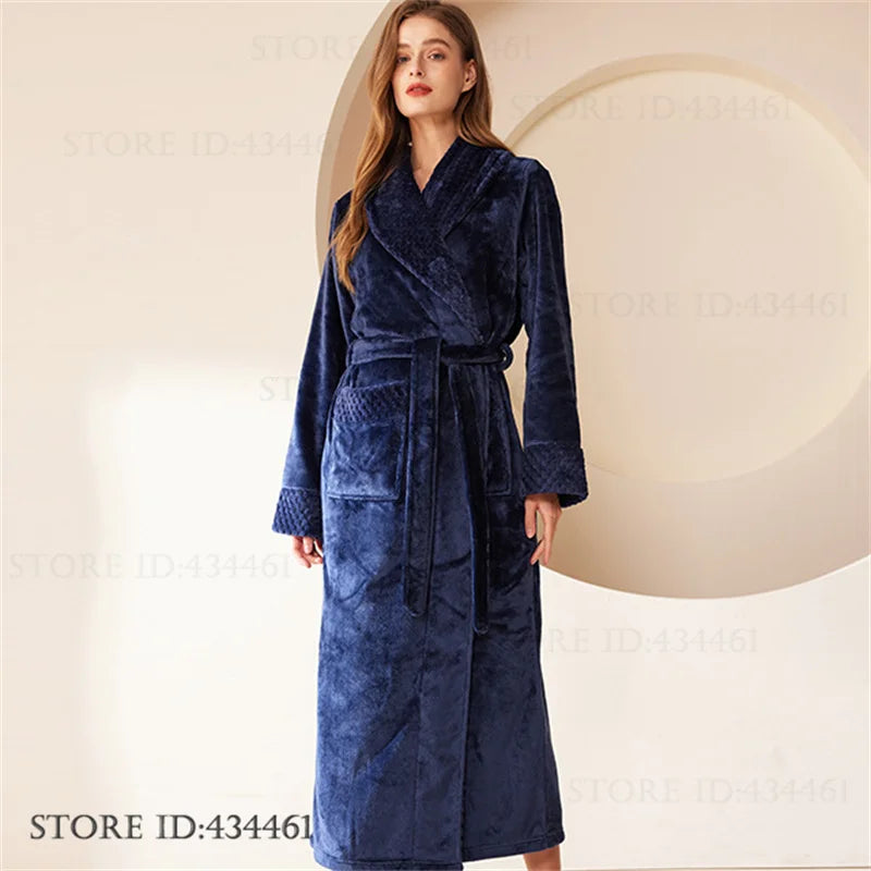 Large Size Flannel Men's Long Robe Kimono Gown Winter Thicken Sleepwear Loungewear Loose Coral Fleece Couple Pajama Home Clothes