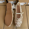 Embroidered Pearl Mesh Women Mary Jane Shoes Casual Summer Breathable Footwear Round Toe Belt Buckle Ballet Style Flats for Lady