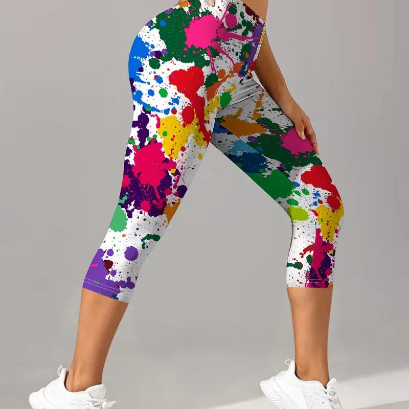 Women's Capri Pants Leggings, Watercolor Print Tights - View 4 | SAMAG