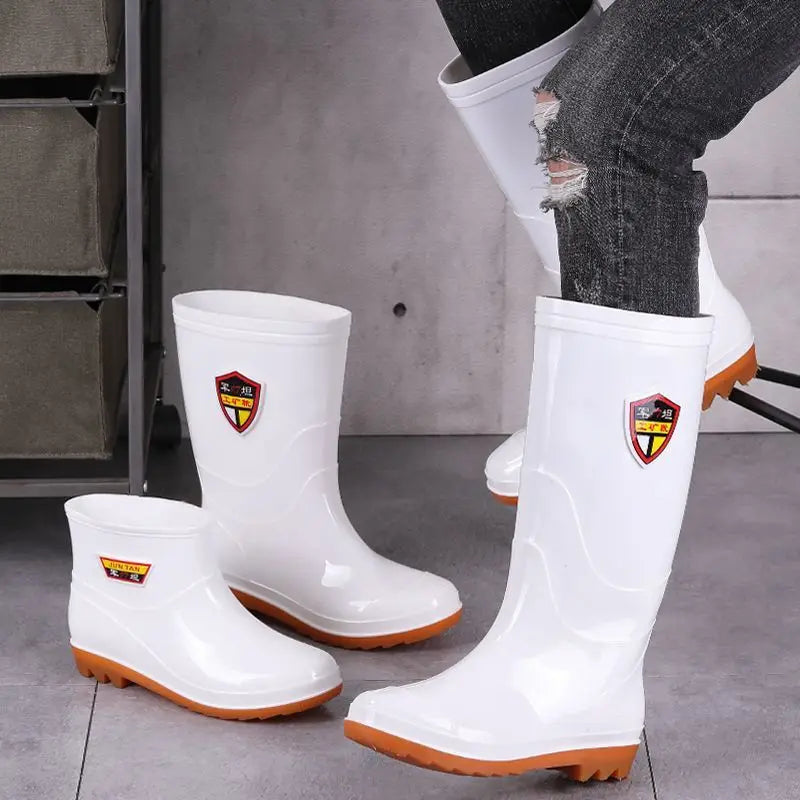 Men White Rain Boots Knee High Mid Calf Rubber Waterproof Winter Warm Outdoor Garden Fishing Work Shoes