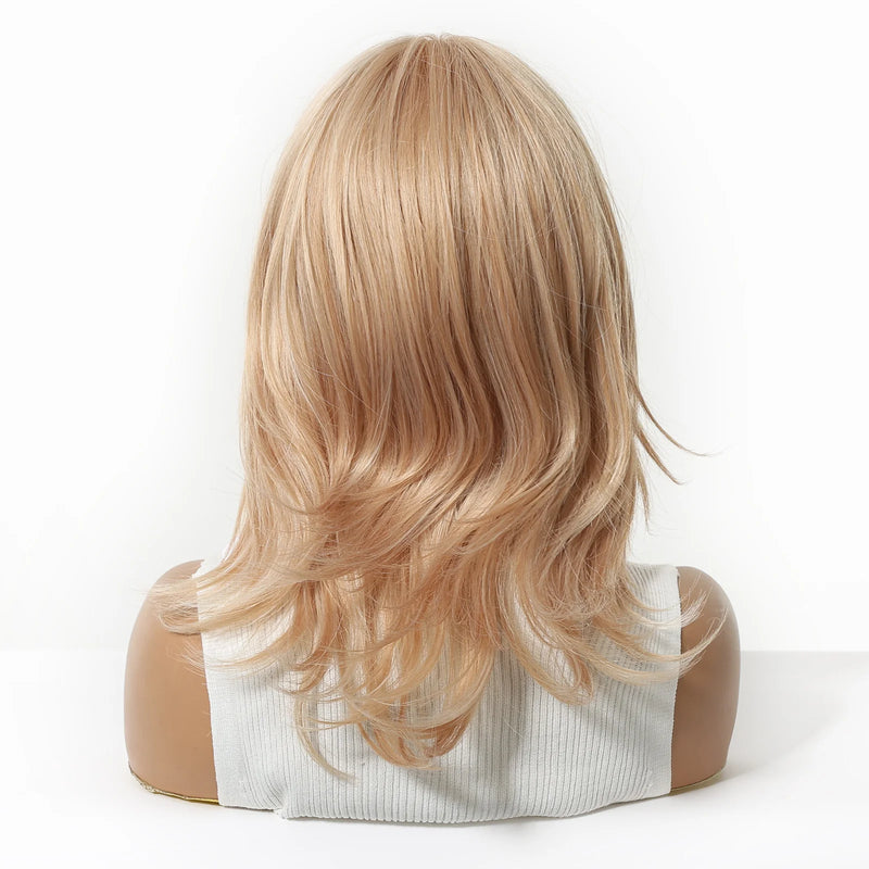 EASIHAIR Medium Length Wavy Blonde Synthetic Wig With Bangs For Women Natural Wigs Hair Heat Resistant Daily Party Cosplay Use