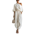 2026 One Shoulder Linen 2 Piece Set Women Roll Up Sleeve Waist Belt High Waist Lantern Pants White Breathable Casual Daily Beach