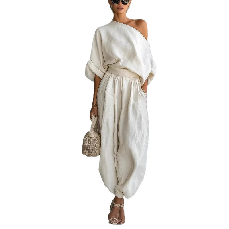 2026 One Shoulder Linen 2 Piece Set Women Roll Up Sleeve Waist Belt High Waist Lantern Pants White Breathable Casual Daily Beach