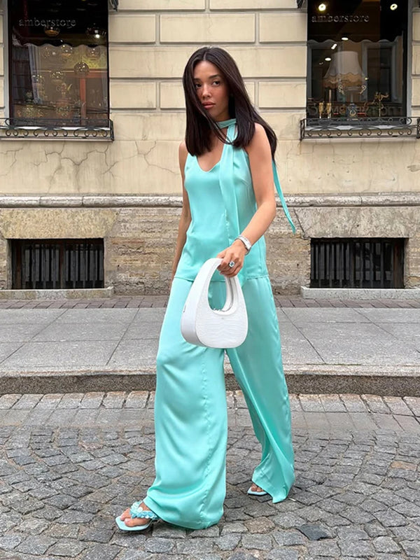 Casual Satin Pants Sets Women V Neck Sleeveless Scarf Patchwork Loose Suits Female 2026 Autumn New Chic Solid Vacation Set Lady