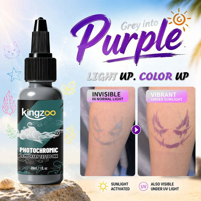 KINGZOO Temporary Tattoo Ink Sun Activated Color Changing Body Art Paint Airbrush Paint for Festival Party Beach Halloween 30ML