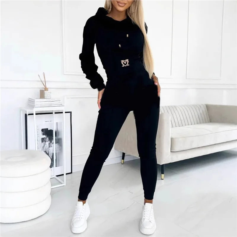 Women's 2 Piece Tracksuit Embroidered Letter Crop Hoodie Drawstring High Waist Pocket Jogger Pants Slim Casual Sports Outfit Set