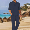 Men's White Linen Suit Set Long Sleeve Henley Shirt and Elastic Waist Pants Two Piece Outfit Summer Casual - View 13 | SAMAG