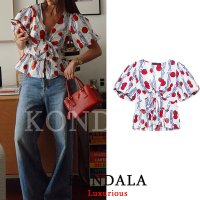 KONDALA Casual Chic Women Boho Blouse Print V - Neck Short | SAMAG