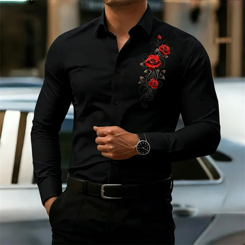 Men's Long-Sleeved Shirt, Featuring a Vintage Red Rose | SAMAG
