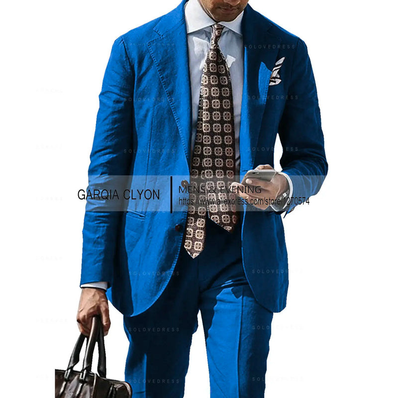 2025 New Casual Men's Suit Jacket Summer Spring Blazer Two Bottom Breathable Cotton Linen Coat 2 Pieces( Jacket+Pants )