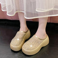 Summer Women Glitter Rhinestone Mesh Hollow Out Round Toe Platform Mules Slide Slippers Non Slip Casual Slippers Shoes for Women