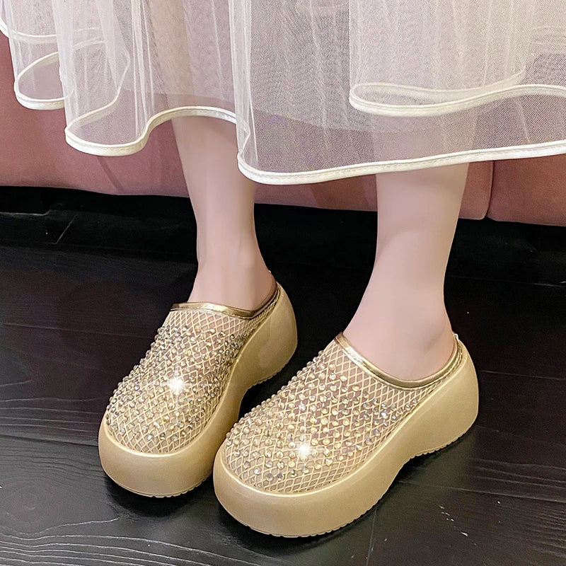 Summer Women Glitter Rhinestone Mesh Hollow Out Round Toe Platform Mules Slide Slippers Non Slip Casual Slippers Shoes for Women