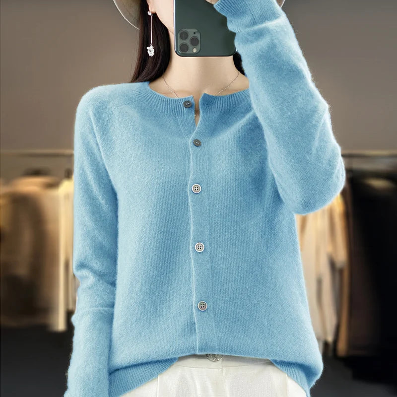 Fashion Women 100% Merino Wool Cardigans Cashmere Sweater Autumn Winter O-neck Long Sleeve Knitwear Female Basic Clothing Tops