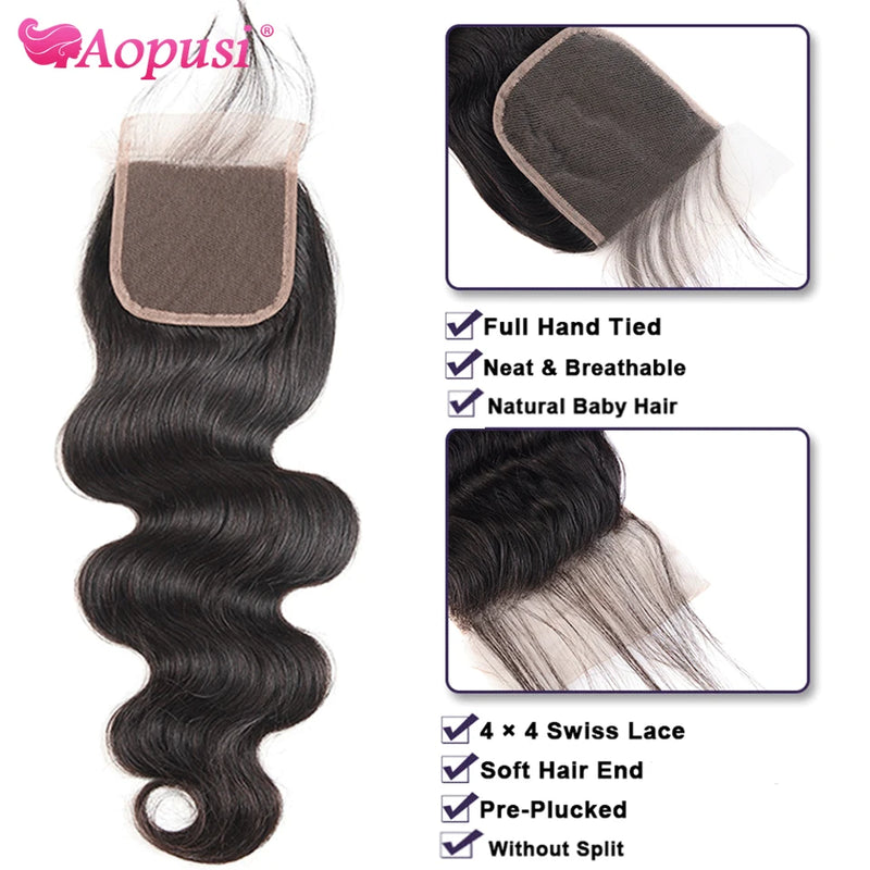 Aopusi Body Wave Bundles With Closure Brazilian Human Hair Weave Bundles With Closure Hair Extension 3/4 Bundles With Closure