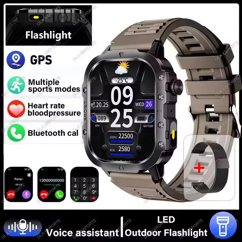 2026 New Military Smart Watch Men IP67 3ATM Outdoor Sports Fitness Tracker Blood Pressure Health Monitor BT Calls GPS Smartwatch