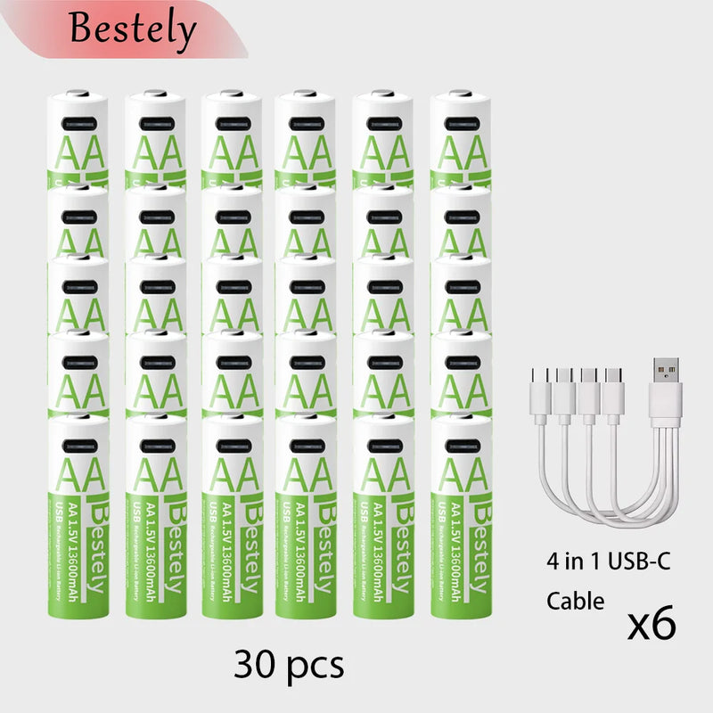 Bestely 1.5V 13600mAh USB AA Lithium ion Rechargeable Battery, Fast Charging Li-ion Akku  , 2000 Cycle with USB- C Port Cables