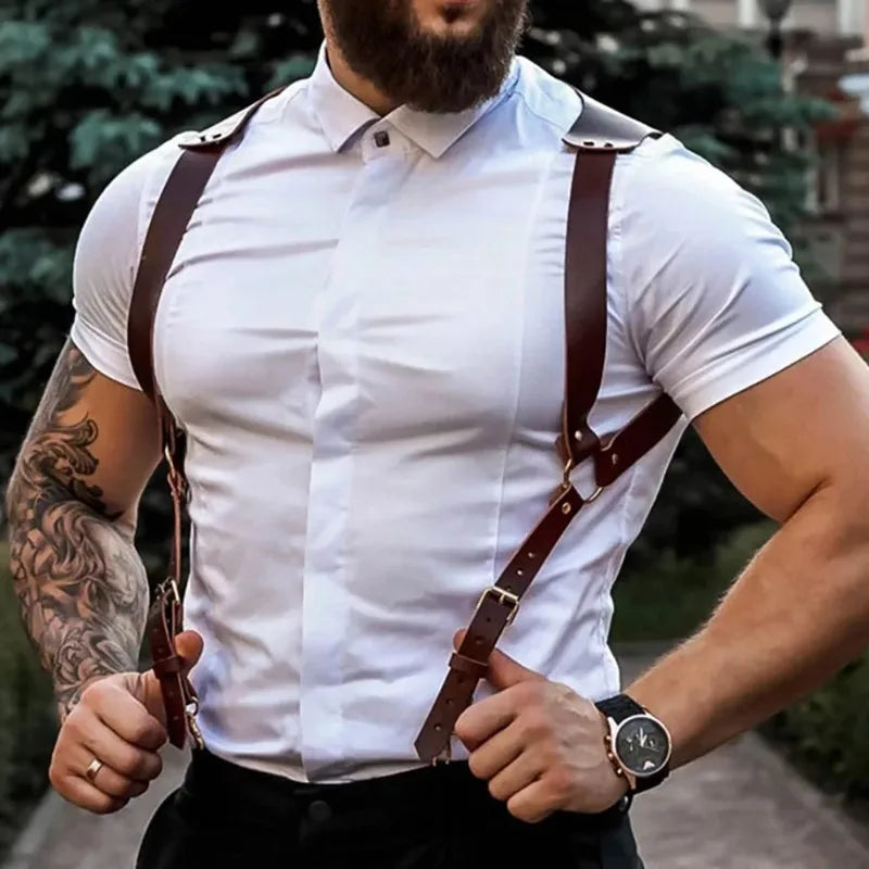 Fashion Men Knight Brown PU Leather Suspenders Fashion Suit Shirt Suspenders Belt for Party Club Costume Men Gifts
