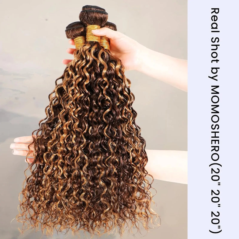Highlight Water Wave Bundles P4/27 Honey Blonde Water Wave Human Hair Bundles 1/ 3 / 4 Bundles 30 Inch Deep Curly Wet and Wavy