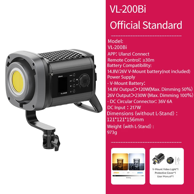 Ulanzi VL-120Bi VL-120C 120W V-Mount COB Video Light Wireless APP Control 2700K-6500K CRI＞95 for Video Photography Studio