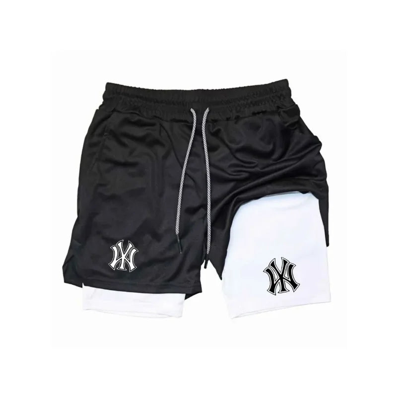 Men's tight fitting sports shorts, printed sports shorts, double-layer 2-in-1 quick drying basketball muscle fitness shorts