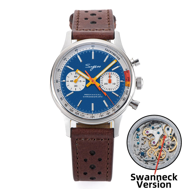 Sugess Pilot Watch with Seagull Movement Swanneck Wristwatch Mechanical Chronograph Sappire Crystal Military Limited Racing 1963